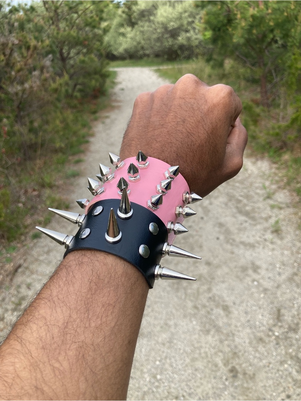 2 PCs punk silver spiked studded pink and black faux leather gothic grunge